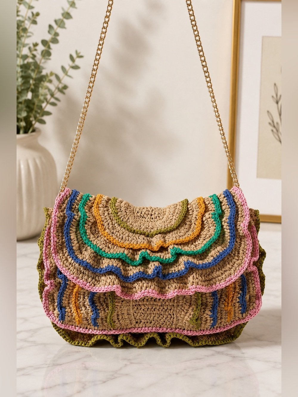 Maeve Anthropologie Multicolor Ruffle Raffia Clutch Bag with Chain NWT Sold Out